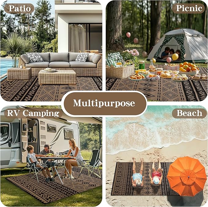 Wallona Outdoor Rugs 5x8 ft Patio Waterproof Clearance Indoor Outdoor Carpet for Patio Plastic Straw Reversible Area Rugs Mat for RV, Camping, Balcony, Beach, Picnic, Porch, Boho Black & Brown