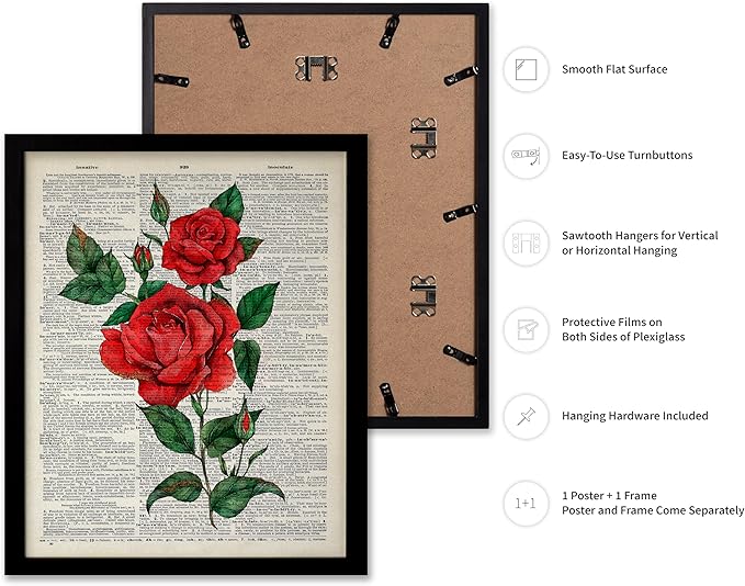 Poster Master Dictionary Art Poster - Red Roses Print - Flower Art - Floral Art - Gift for Men, Women & Florist - Minimal Decor for Living Room, Bedroom, Dorm or Flower Shop, 11x14 Black Framed