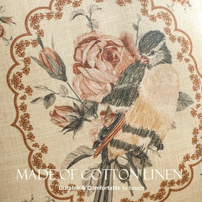 patdrea Designer Vintage Floral Throw Pillow Covers for Couch Set of 2,Brown Linen Pillowcases with Bird and Rose Pattern Decorative Square Cushion for Bed Living Room Outdoor Cafe Car,18"x18"