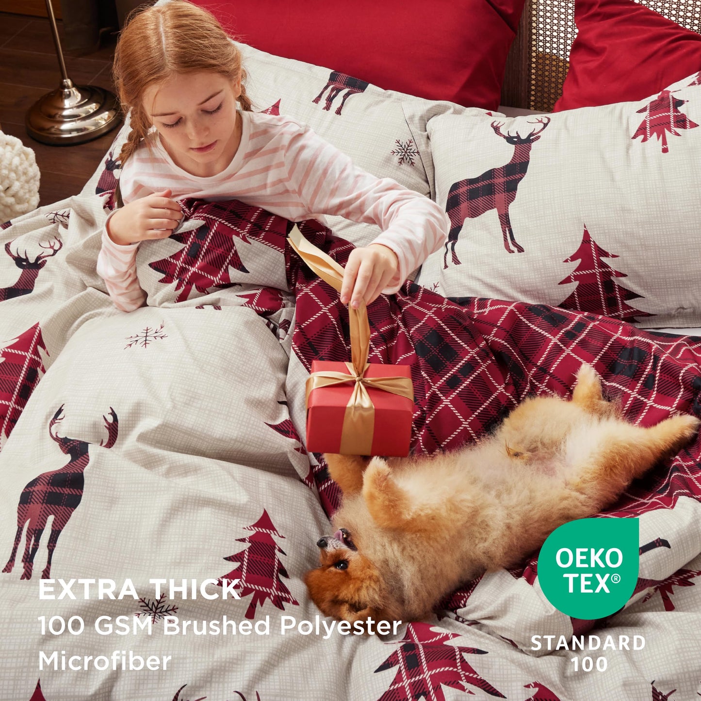 Bedsure King Size Christmas Duvet Cover Set - Festive Bedding Collection Featuring a Reversible Red Plaid Buffalo Check Design, Includes 1 Duvet Cover and 2 Pillow Shams (King, Reindeer)