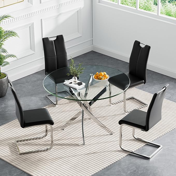 Goujxcy 5 Pieces Round Dining Table Set for 4, Modern Silver Glass Kitchen Table and Chairs for 4 with Upholstered Chairs, Circle Coffee Dining Table Set for Small Space,Apartment,Office