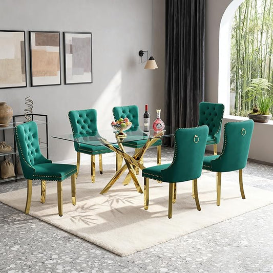 Goujxcy 51" Glass Dining Table Set for 6, Modern Kitchen Table and Chairs Set w/Steel Legs, 7-Piece Dining Table Set w/Glass Gold Dining Table and 6 Green Velvet Chairs for Kitchen Dining Room