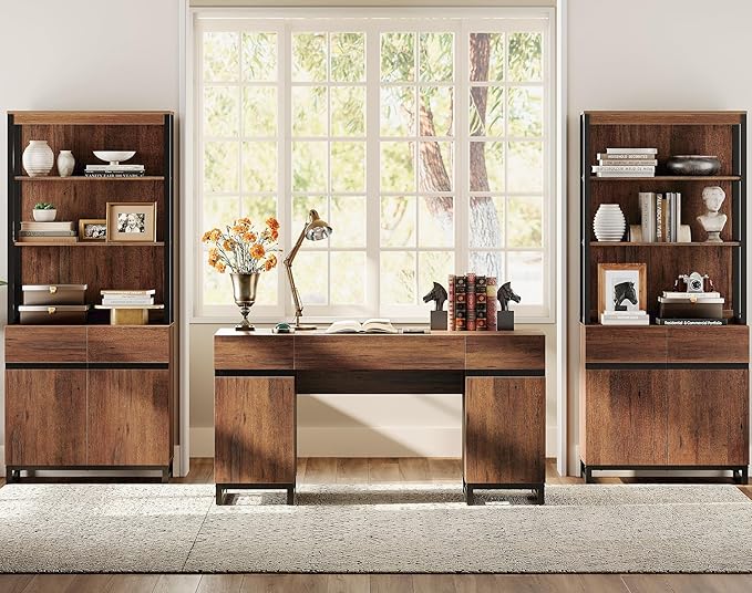 WAMPAT 4 PCS Modern 72" Tall Bookcases with Metal Base and Adjustable Shelves, Library Book Shelf with Storage Cabinet and Open Book Shelfs, Wood Bookshelves for Home Office, Living Room, Brown