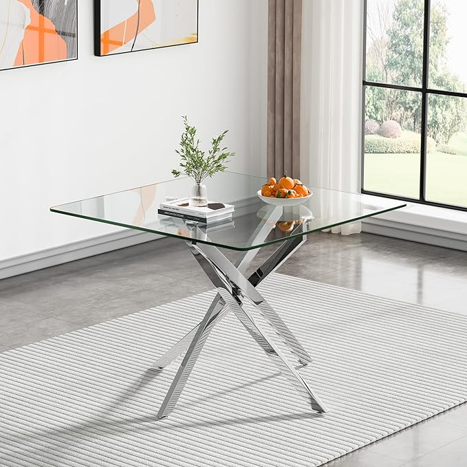 Goujxcy 5 Piece Glass Dining Table Set Modern Small Glass Dining Table Set for 4, 35.43" Square Kitchen Table and 4 Velvet Upholstered Chairs for Kitchen Dining Room, Silver & Blue