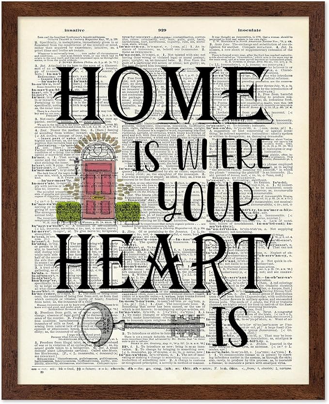 Poster Master Dictionary Art Poster - Home Is Where Your Heart Is Print - Motivational Art - Gift for Men & Women - Inspiring Wall Decor for Dorm, Bedroom or Living Room, 11x14 Brown Framed