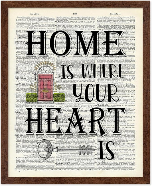 Poster Master Dictionary Art Poster - Home Is Where Your Heart Is Print - Motivational Art - Gift for Men & Women - Inspiring Wall Decor for Dorm, Bedroom or Living Room, 11x14 Brown Framed