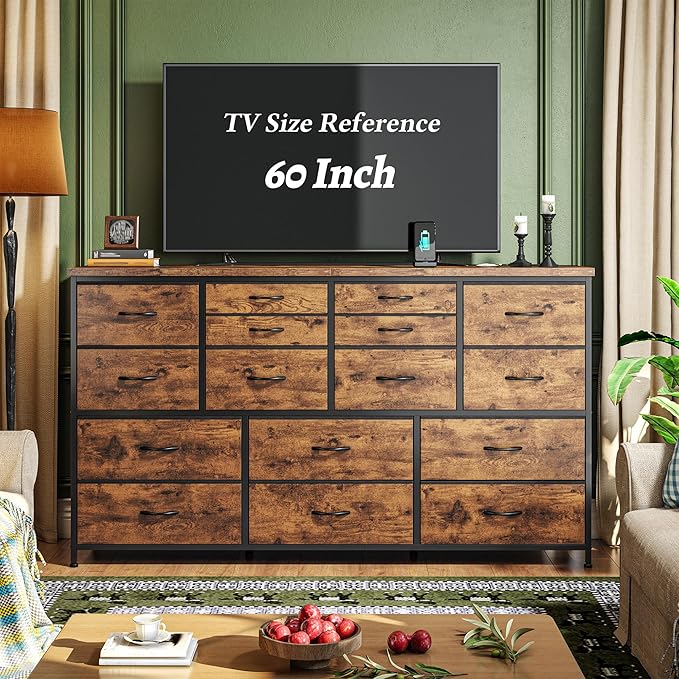 Dresser for Bedroom with 16 Fabric Drawers Long Dresser with Charging Station TV Stand for 60" TV Dressers & Chest of Drawers for Bedroom, Living Room, Closet, Rustic Brown