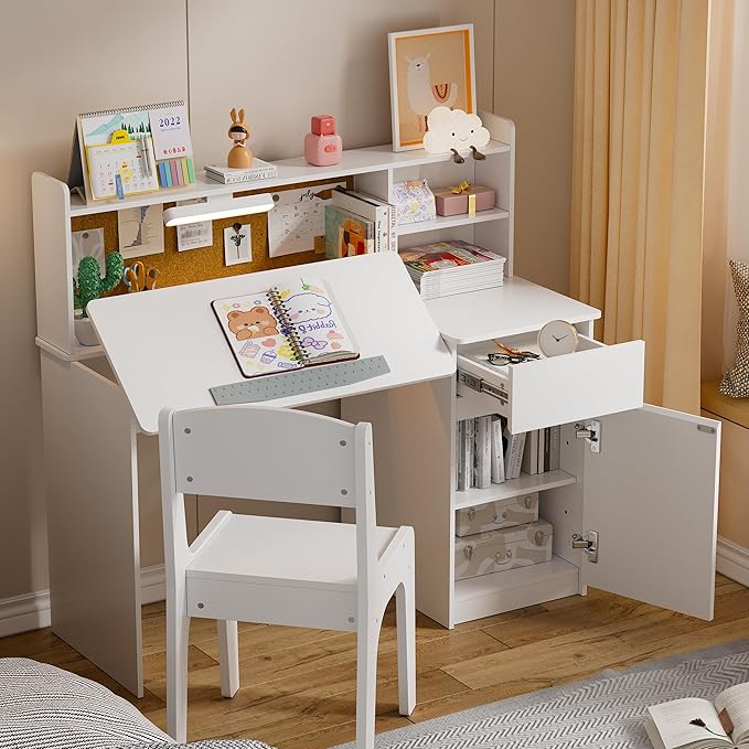 PAKASEPT Kids Desk and Chair Set,Kids Study Desk with 3-Color Lights(Not Rechargeable),Tiltable Desktop,Multi Functional Table for Kids 5-12,Student Writing Desk with Hutch,Storage Cabinet for Bedroom