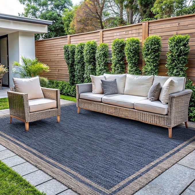 CAMILSON Outdoor Rug, 5x7 Bordered Navy Blue Gray Modern Area Rugs for Indoor and Outdoor Patios, Porches Waterproof Washable Porch Deck Outside Carpet (Bordered Navy, 5 x 7)