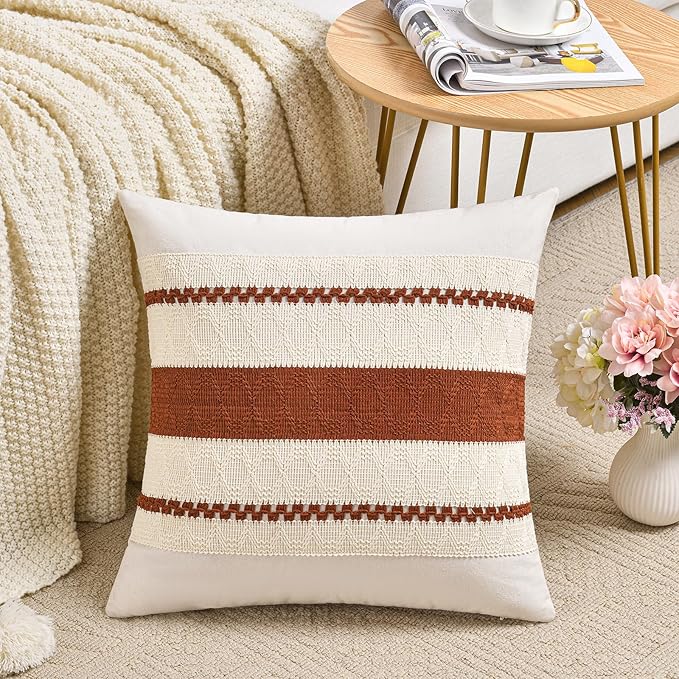 Fancy Homi Set of 2 Rust Boho Decorative Throw Pillow Covers 16x16 Inch for Couch Bed Sofa, Aesthetic Modern Organic Fall Room Decor, Soft Cotton Cute Terracotta Textured Farmhouse Cushion Case