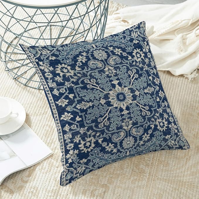 Blue White Boho Pillow Covers 18x18 Set of 2, Carpet Design Decorative Boho Throw Pillows Linen Farmhouse Bohemian Cushion Pillow Covers for Sofa Couch Outdoor Decor