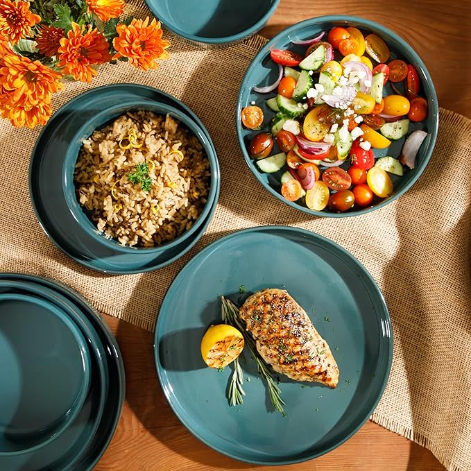 Bloomhouse Santorini Mist Double Bowl Terracotta Reactive Glaze Plates and Bowls Dinnerware Set - Jade Blue Green, Service for Four (16pcs)
