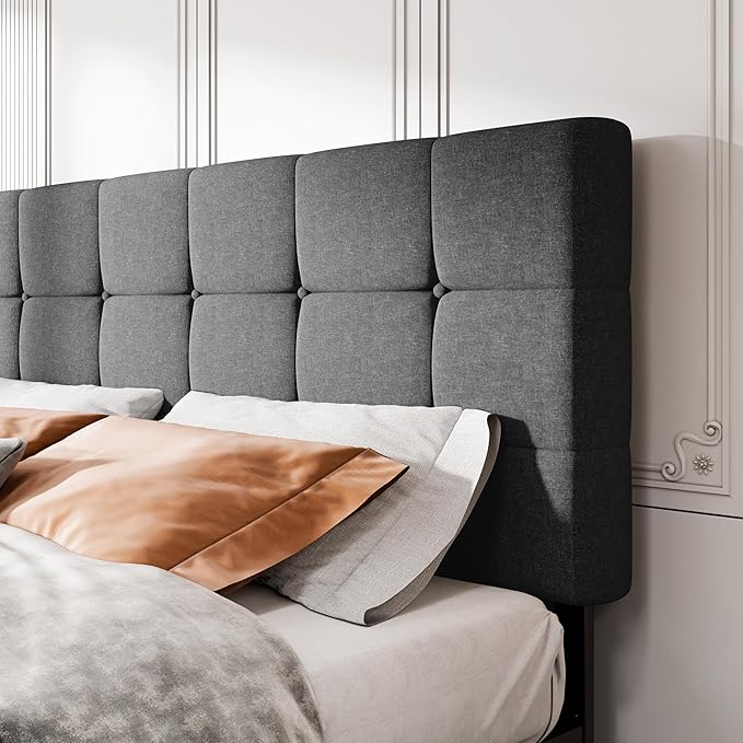 MUTICOR Full Size Bed Frame with 4 Storage Drawers, Upholstered Platform Bed with Button Tufted Adjustable Headboard, No Box Spring Needed, Easy Assembly, Square Tufted, Dark Grey Fabric