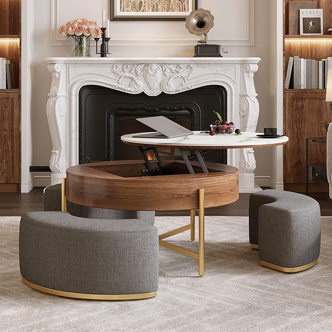 WILLIAMSPACE 31.5" Lift Top Coffee Table Set, Modern Round Marble Coffee Table with Storage & 3 Upholstered Nesting Ottomans, Accent Center Table for Living Room, Apartment
