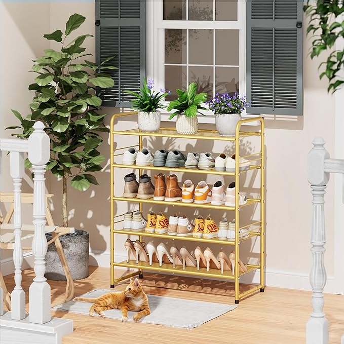 SUFAUY 33" Wide Shoe Rack, 5-Tier Shoe Storage Rack for 24-30 Pairs of Shoes, Mesh Shoe Organizer for Entryway Closet, Steel Frame, Industrial, Gold