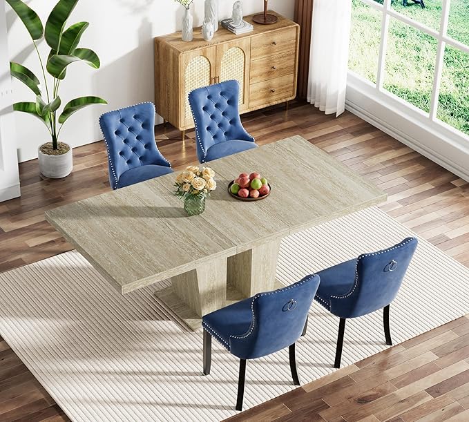 Goujxcy 5-Piece Extendable Dining Table Set for 4, 63-78 Inch Faux Travetine Kitchen Table Set with 4 Blue Upholstered Chairs Modern Wood Expandable Dining Room Table Set for Kitchen Apartment