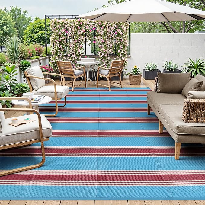 Lahome Striped Outdoor Plastic Straw Rug, Reversible Outdoor Rug Waterproof 9x12 Rugs for Patio, RV Camping Rug Picnic Mat Large Outside Carpet for Beach Deck Backyard Balcony(Blue/Red,9'x 12')