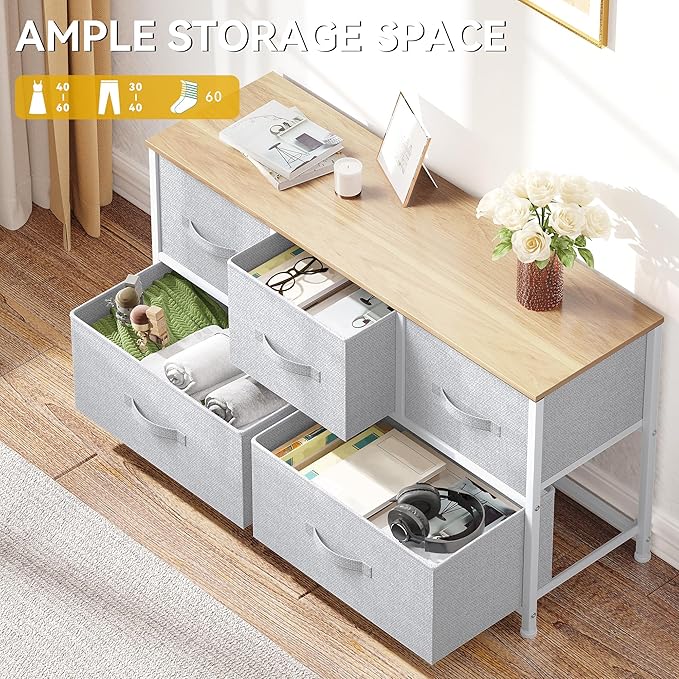 DWVO 5 Dresser for Bedroom, Storage Dresser with 5 Drawers, Wide Storage Tower, Chest of Drawers for Closet, Living Room