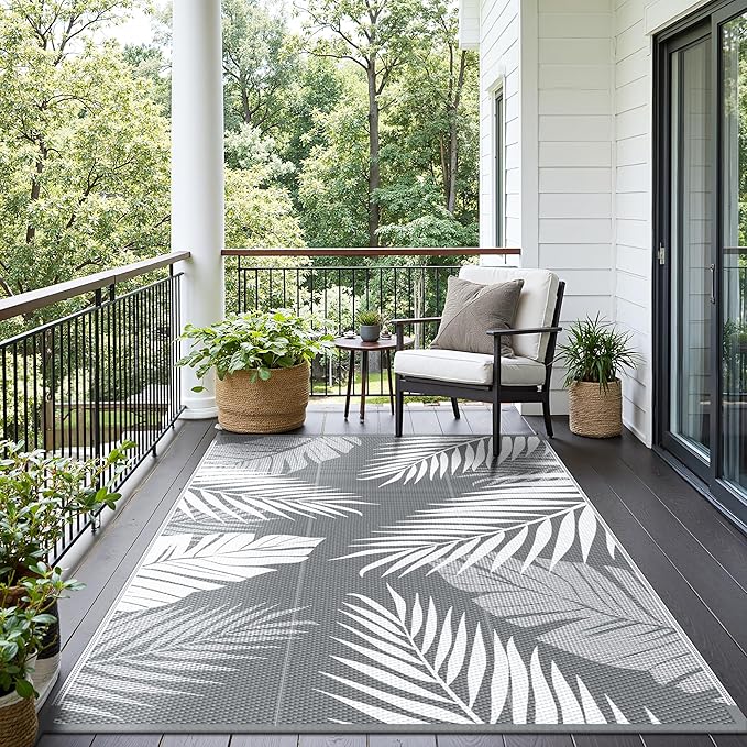 Outdoor Rug 8’x10’ Waterproof for Patio Clearance, Reversible Indoor Outdoor Plastic Straw Camping Rug Carpet, RV Mat, Large Area Rug for Deck, Backyard, Balcony, Porch, Beach, Grey & White