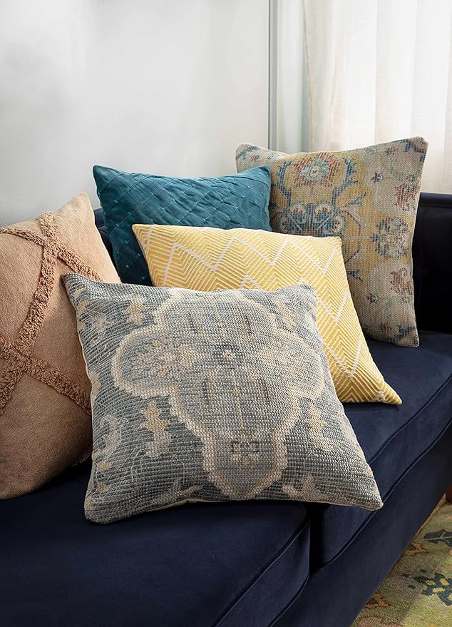 Hauteloom Bigaa Cotton Decorative Throw Pillow Cover - Oriental Floral Sofa Couch Cushion Cover - Blue, Sage, Cream - 20" x 20''