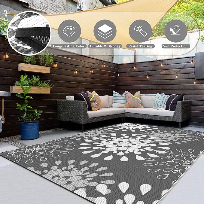 Wallona Outdoor Rugs 5x8 ft Patio Waterproof Clearance Indoor Outdoor Carpet for Patio Plastic Straw Reversible Area Rugs Mat for RV, Camping, Balcony, Beach, Picnic, Porch, Flower Grey & White