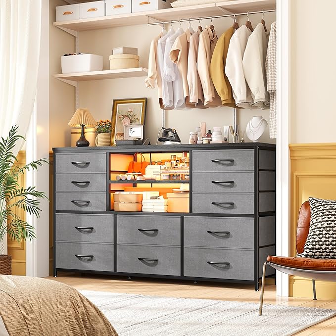 Dresser for Bedroom with LED Lights & Power Outlets 12 Drawers Dresser TV Stand for 60''TV Fabric Dressers & Chest of Drawers, Sturdy Metal Frame, Closet, Living Room, Grey, 49.2''W*11.8''D*35.4''H