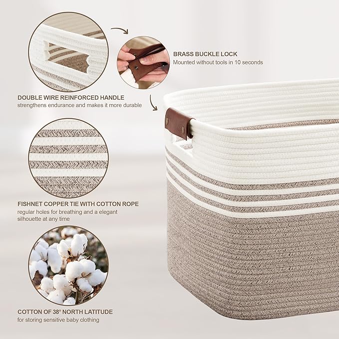 Laundry basket with leather handles for clothes,blankets,pillows,toys,towels,suitable for bedrooms and living rooms,cotton woven laundry hamper,extra large gift basket,24"x16"x14",Beige Brown
