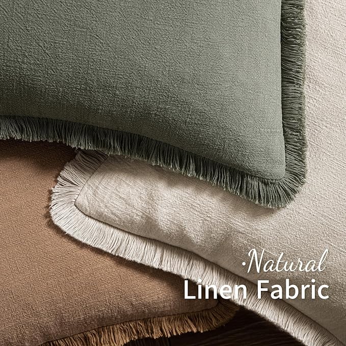 MIULEE Decorative Throw Pillow Covers Neutral Linen Fringe Throw Pillows Set of 2 Light Olive Green Boho Farmhouse Cushion Covers for Couch Sofa Bed Living Room Spring Home Decor 18x18 Inch