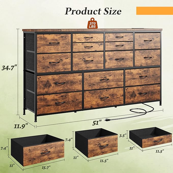 Dresser for Bedroom with 16 Fabric Drawers Long Dresser with Charging Station TV Stand for 60" TV Dressers & Chest of Drawers for Bedroom, Living Room, Closet, Rustic Brown