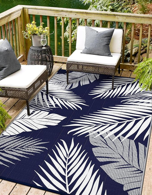 Outdoor Rug 9’x12’ Waterproof for Patio Clearance, Reversible Indoor Outdoor Plastic Straw Camping Rug Carpet, RV Mat, Large Area Rug for Deck, Backyard, Balcony, Porch, Beach, Blue & White