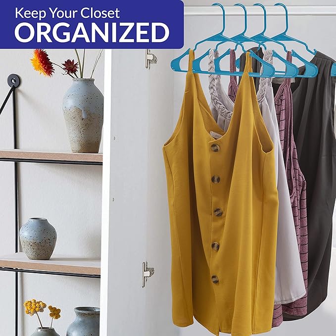 Royale Linens 60 Pack Blue Plastic Hangers for Clothes - Heavy Duty Clothes Hanger for Everyday Use - Lightweight & Space Saving Notched Plastic Hangers