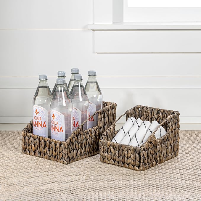 happimess BSK1007C-2SET Havanah Southwestern Handwoven Hyacinth Slanted Pantry Wicker Storage Baskets with Handles, Gray Brown (Set of 2), Seagrass Containers for Decoration in Living Room, Bedroom