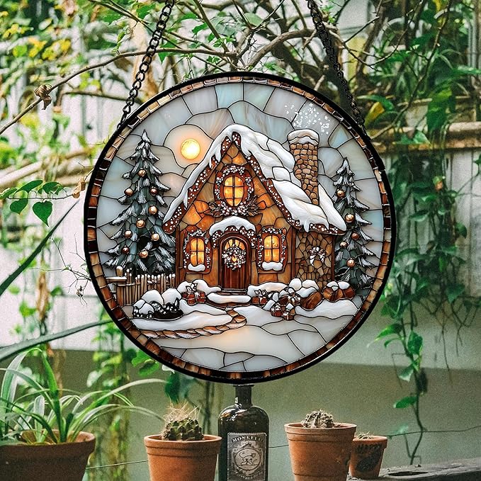 Stained Glass Window Hanging - Christmas Tree Cottage Sun Catcher for Door Garden Home Winter Decor Snowy Night Suncatcher Mother's Day Birthday Gifts for Women Men Mom Nana 7.8 in