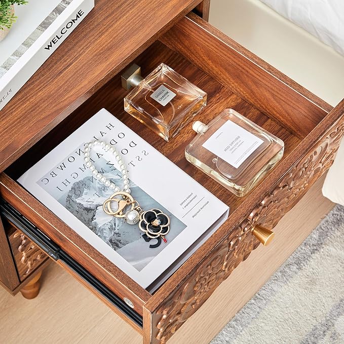 Nightstand, Farmhouse Bedside Table with 2 Drawers and Metal Handles, Wood Sofa Side Table End Table Accent Dresser for Bedroom, Living Room (Walnut-2 Packs)