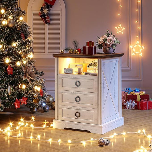 Nightstand with Charging Station,Farmhouse End Side Table with 3 Drawers and Open Storage,Smart Bedside Table with LED Light & Human Sensor for Bedroom,White