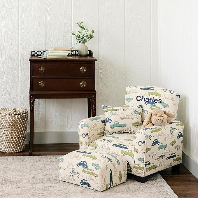 Toddler Personalized Armchair, Kids Upholstered Rocking Chair with Personalization, Toddler Chair with Personalized Name, Comfy Child Armchair, (Cars & Trucks Print, Legs)