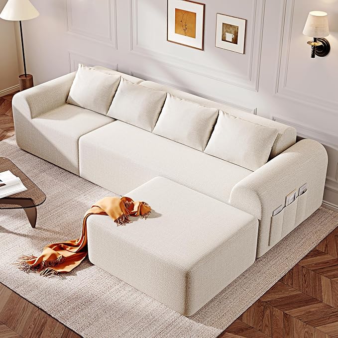 105.5” Cloud Boneless Sectional Sofa for Living Room, L-Shaped 4-Seater Modular Couch with Ottoman & 4 Pillows, Deep Seat Chenille Fabric Sofa, No Assembly, 72H Full Restore, Beige