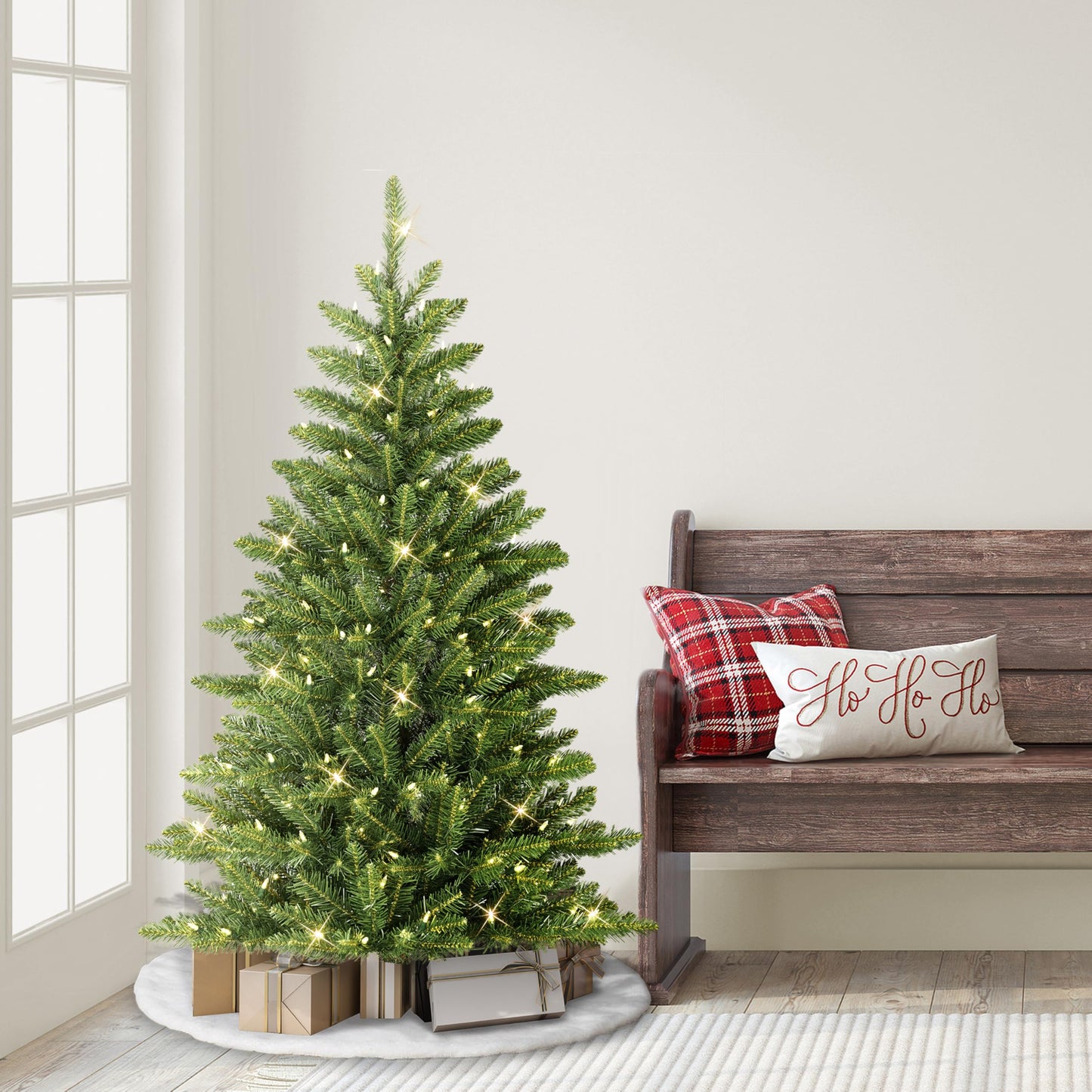Puleo International 4.5ft Pre-Lit Slim Fraser Fir Christmas Tree with 483 Clear Lights, 150 Realistic Dense Branch Tips, Easy Setup Artificial Trees with Sturdy Metal Stand
