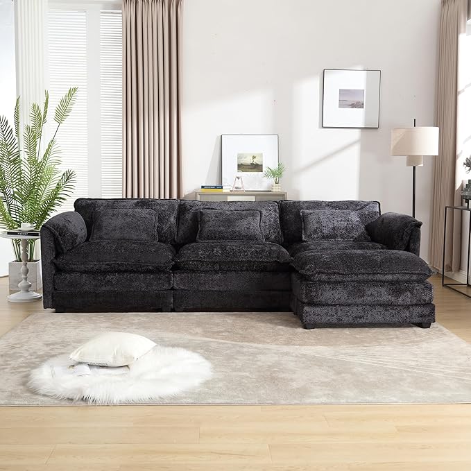 KEIKI 112" L-Shaped Chenille Modular Sectional Chenille Sofa with 1 Movable Ottoman & Memory Foam Cushion, Upholstered Oversized 4-Seater Couch, Easy Assembly, for Apartment, Living Room, Black