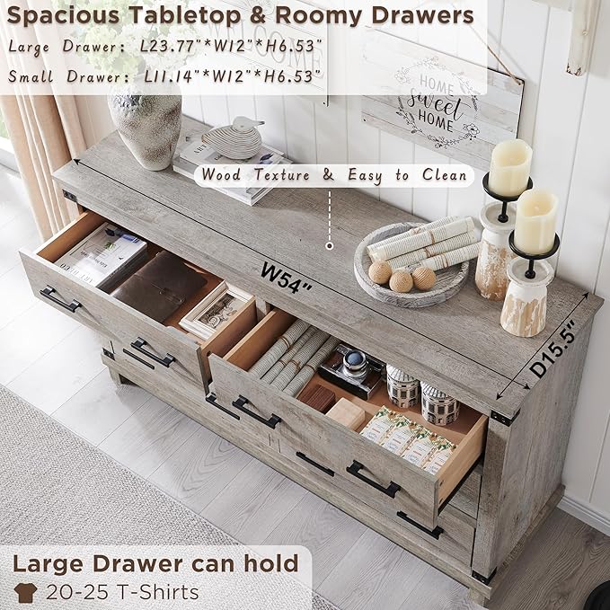 RedLemon Farmhouse 7 Drawer Dresser for Bedroom, Wood Large Chest of Drawers with Thick Plank Styling, Rustic Closet Dresser for Living Room, Light Rustic Oak