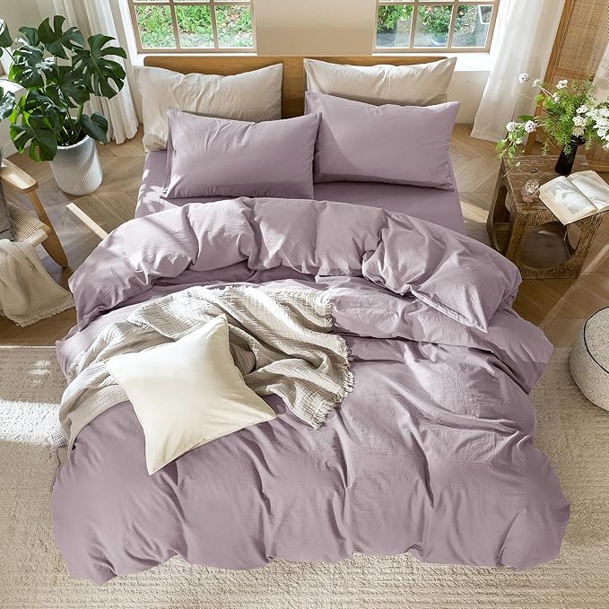 MooMee Bedding Duvet Cover Set 100% Washed Cotton Linen Like Textured Breathable Durable Soft Comfy (Solid Taro Purple, Super King Plus 120"x120")