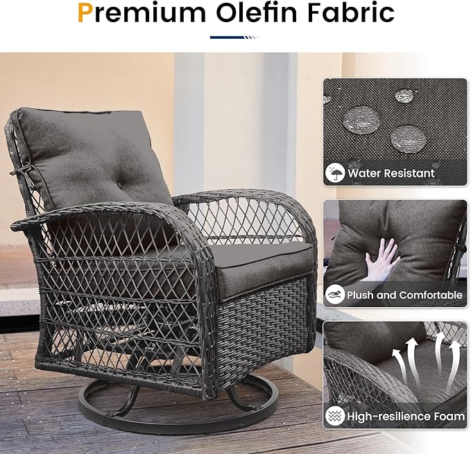 UDPATIO 3 Pieces Patio Furniture Set, Outdoor Swivel Rocker Patio Chairs Set of 2, All-Weather PE Wicker Glider Chairs with Thick Cushions and Glass Coffee Table，for Porch Deck Backyard Grey