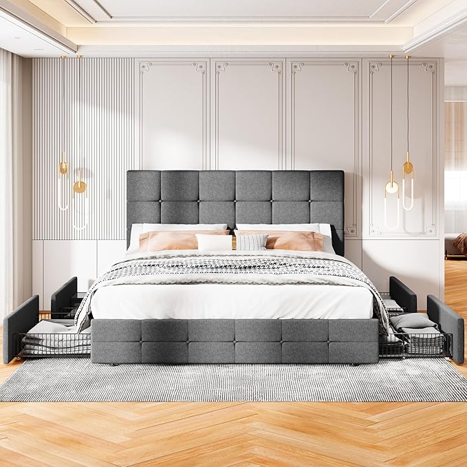 MUTICOR Full Size Bed Frame with 4 Storage Drawers, Upholstered Platform Bed with Button Tufted Adjustable Headboard, No Box Spring Needed, Easy Assembly, Square Tufted, Dark Grey Fabric