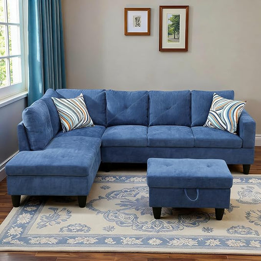 L-Shaped Sectional Sofa with Movable Chaise & Storage Ottoman, Lounge 3-Piece Modular Convertible Couches for Living Room, Apartment & Office, Blue