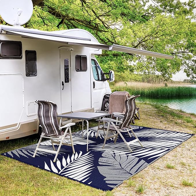 GENIMO Outdoor Rug 8' x 10' Waterproof for Patios Clearance, Reversible Outdoor Plastic Straw Camping Rug Carpet, Large Area Rugs Mats for RV, Camper, Deck, Balcony, Porch, Beach, Navy Blue&White