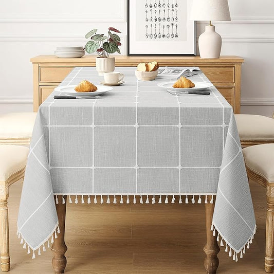 puredown® Plaid Square Tablecloth, Waterproof Cotton Linen Tablecloth with Tassel, Rustic Farmhouse Table Cloths for Kitchen Dining Outdoor, 55"x55",4 Seats, Gray