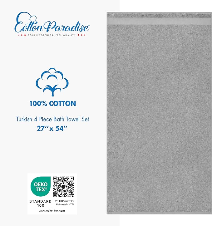 Cotton Paradise 4 Piece Turkish Bath Towels for Bathroom, 100% Cotton Extra Large Soft Plush Towels Bathroom Set, Light Gray