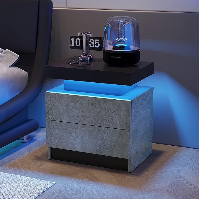LED Nightstands, Modern End Side Table with 2 Drawers, LED Bedroom Furniture for Bedroom and Living Room, Grey