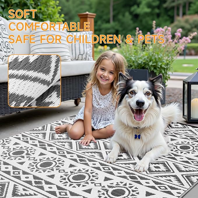 Outdoor Rug Waterproof 8x10 ft, Reversible Outdoor Plastic Straw Rug Patio Rug, RV Rugs for Outside, Outdoor Carpet for Patio Camping Deck Balcony Backyard, Black & Gray