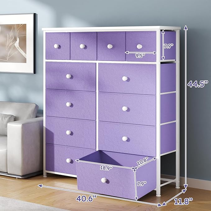 Dresser for Bedroom with 12 Drawers Tall Dressers for Bedroom Fabric Dressers & Chest of Drawers with Sturdy Metal Frame, Wood Top, for Woman, Closet, 40.6" W x 11.8" D x 44.5" H (Purple)